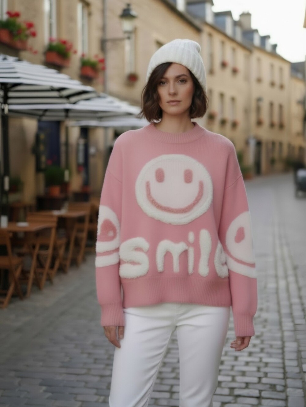 Daisy Pink Crewneck Sweater with Cream Smiley and 'Smile' Graphic